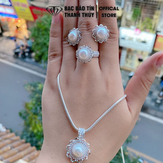 Bộ trang sức bạc gắn trai 3 món Bảo Tín Thanh Thủy, chất liệu bạc ta nguyên chất