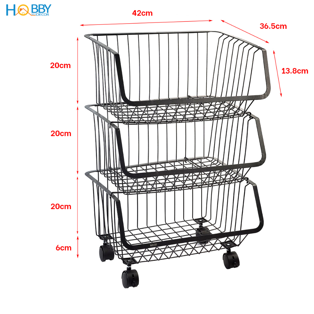 Kệ rổ đựng đồ dùng nhà bếp 3 tầng di chuyển tiện dụng Hobby Home Decor KR3T sơn tĩnh điện có bánh xe