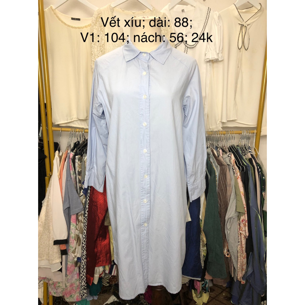 Đầm si tuyển 2hand dài tay, vải thô màu xanh nhạt, dáng sơ mi dài, vết xíu trước
