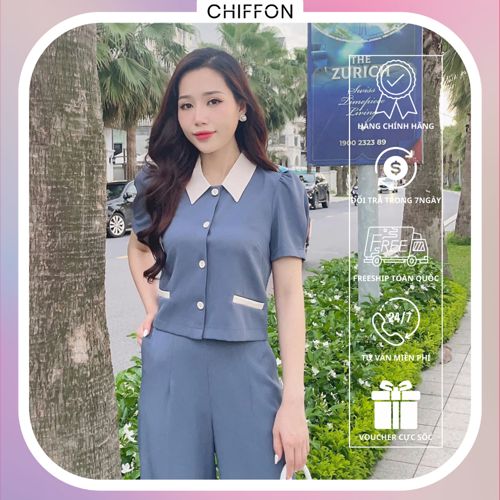 Áo ký giả cổ đức cúc ngọc Chiffon