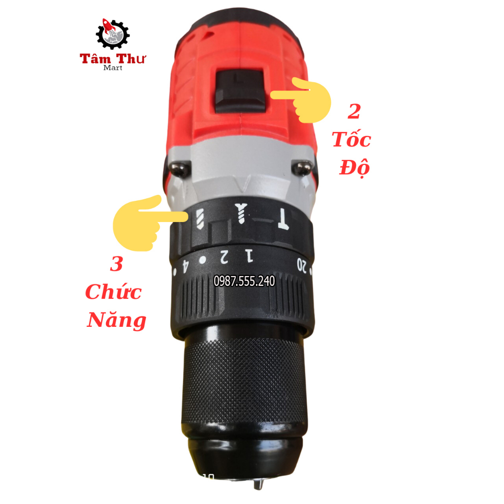 Máy Khoan Pin 3 Chức Năng DRAMA Model D- 5123 Đầu 13mm Không Chổi Than Có Khóa Trục