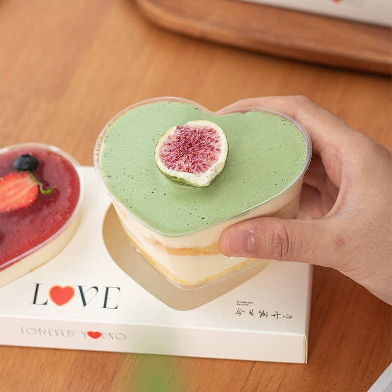 Hộp Mica 2 Ngăn Cốc Tim, Đế Giấy Trang Trí Chữ Love Dùng Cho Dòng Bánh Lạnh Có Quai Xách