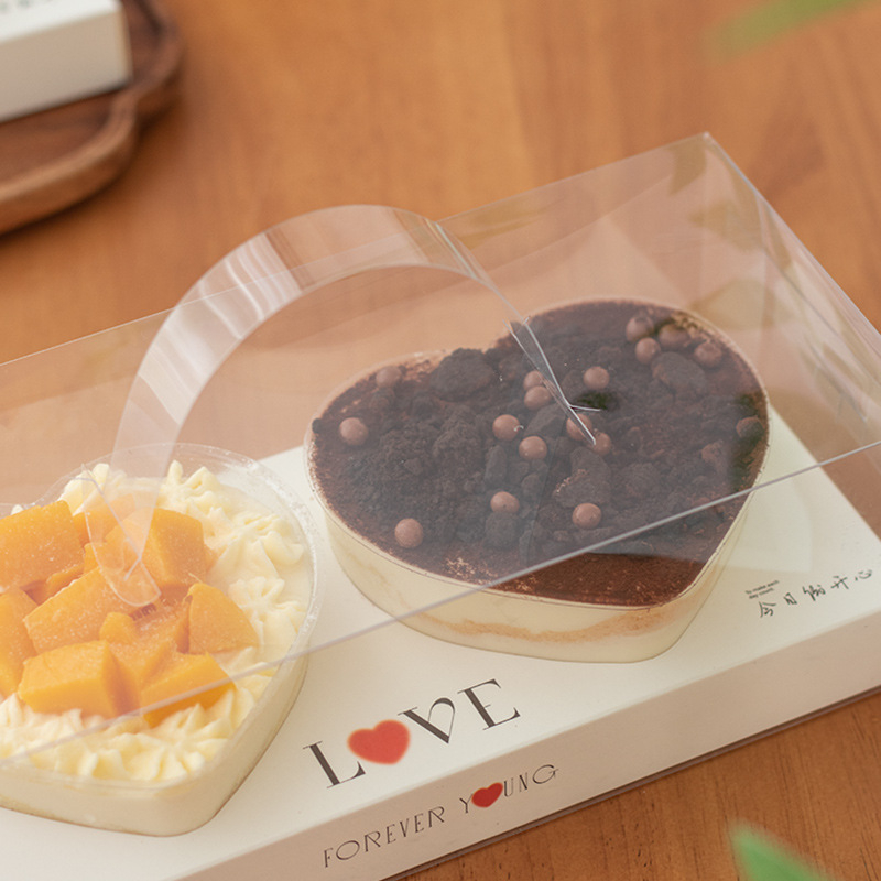 Hộp Mica 2 Ngăn Cốc Tim, Đế Giấy Trang Trí Chữ Love Dùng Cho Dòng Bánh Lạnh Có Quai Xách