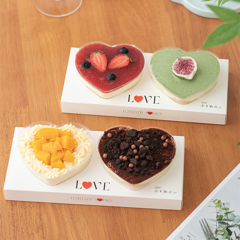 Hộp Mica 2 Ngăn Cốc Tim, Đế Giấy Trang Trí Chữ Love Dùng Cho Dòng Bánh Lạnh Có Quai Xách