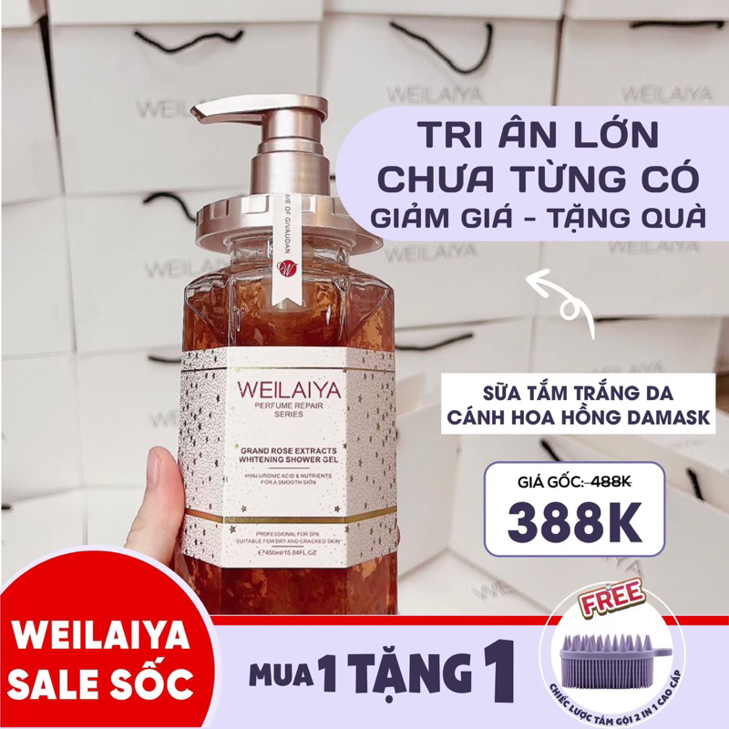 Sữa tắm trắng da nước hoa Weilaiya chiết suất cánh hoa hồng Damask 450ml - CHÍNH HÃNG