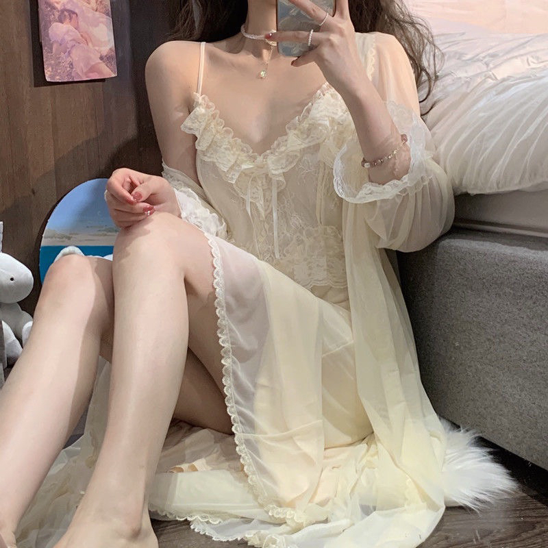 Đầm ngủ 2 dây kèm khoác chất voan pha ren cao cấp A4