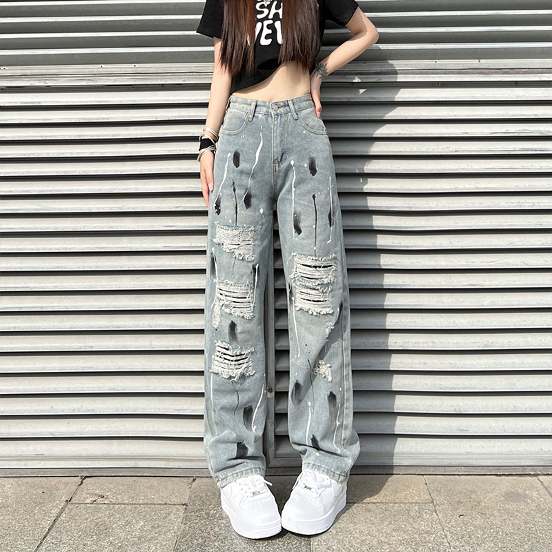 Quần jean nữ rách vẩy mực ống rộng eo cao phong cách Retro, quần bò denim ống đứng cạp cao sước cá tính 4581