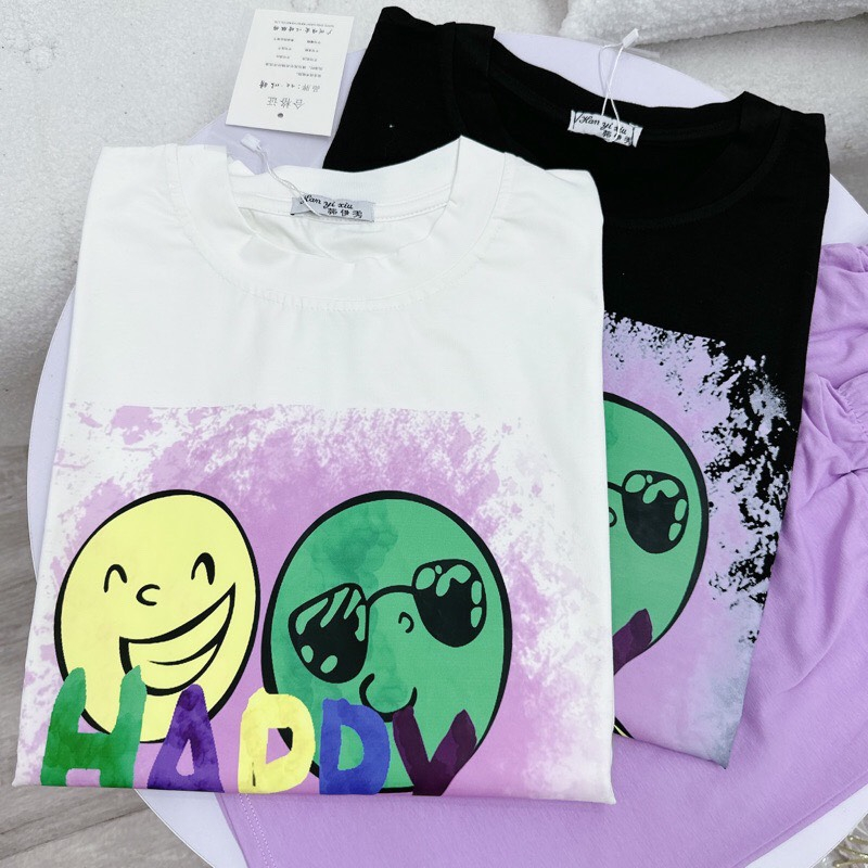 Set Ba Món Áo Thun Kèm Áo Bra Quần Short Ôm In Hình Mặt Cười