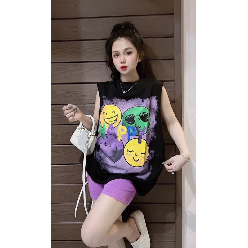 Set Ba Món Áo Thun Kèm Áo Bra Quần Short Ôm In Hình Mặt Cười