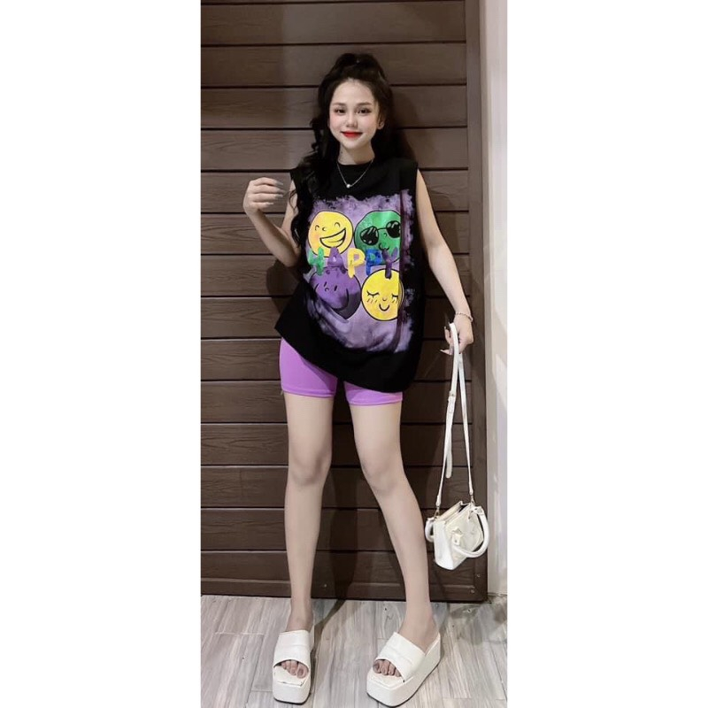 Set Ba Món Áo Thun Kèm Áo Bra Quần Short Ôm In Hình Mặt Cười