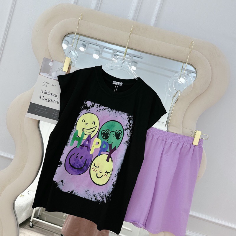 Set Ba Món Áo Thun Kèm Áo Bra Quần Short Ôm In Hình Mặt Cười
