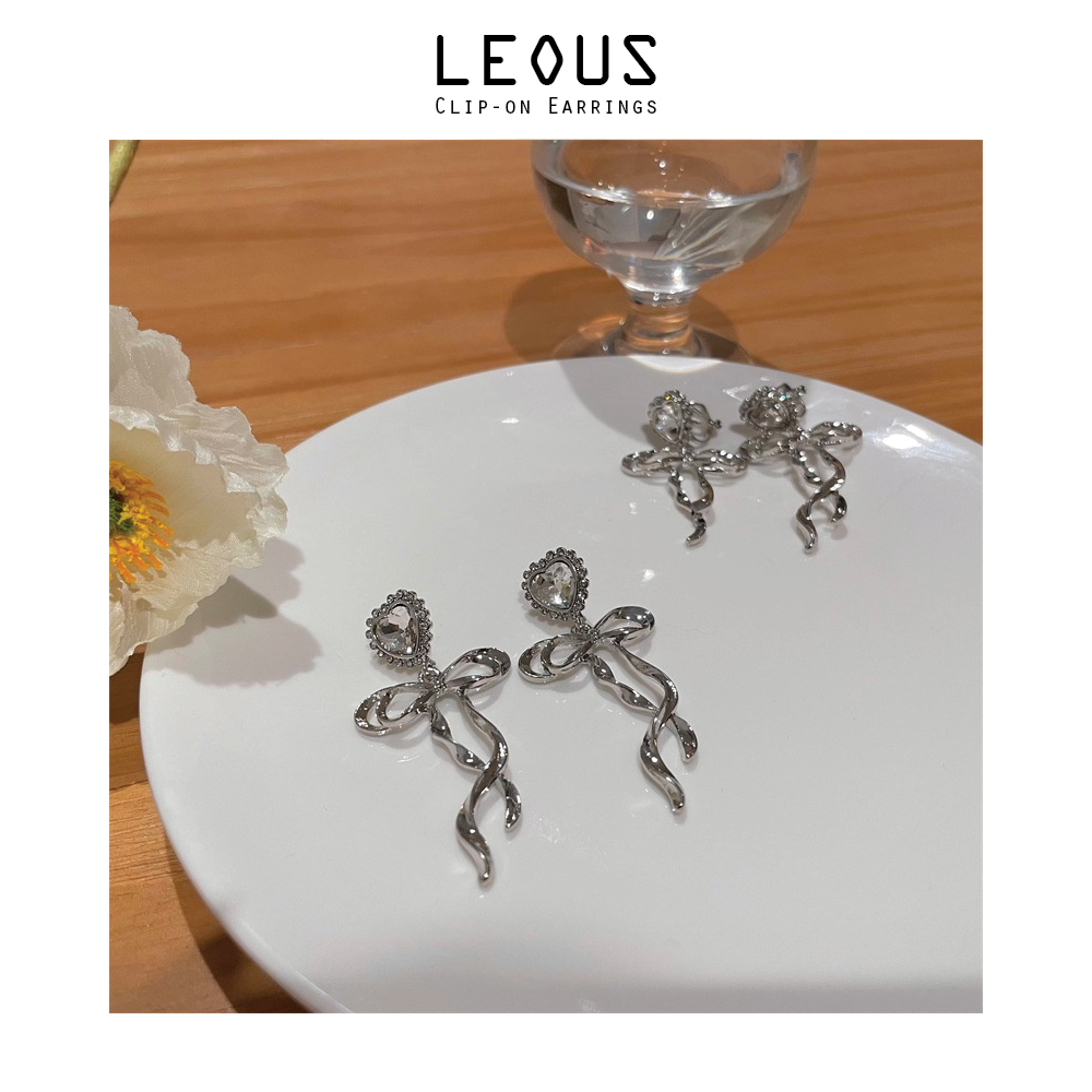 Khuyên tai kẹp không bấm lỗ chốt cố định K366 bằng hợp kim mạ bạc hình trái tim gắn nơ dáng dài bigsize Leous