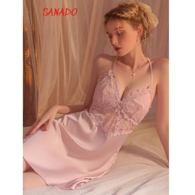 Váy ngủ lụa 2 dây cao cấp Sanado đầm ngủ nữ đẹp quyến rũ V45