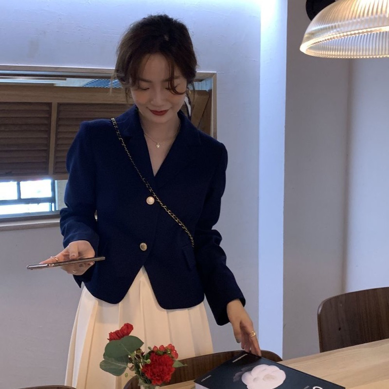 Áo Vest nữ tay dài dáng lửng hai lớp lót có đệm vai