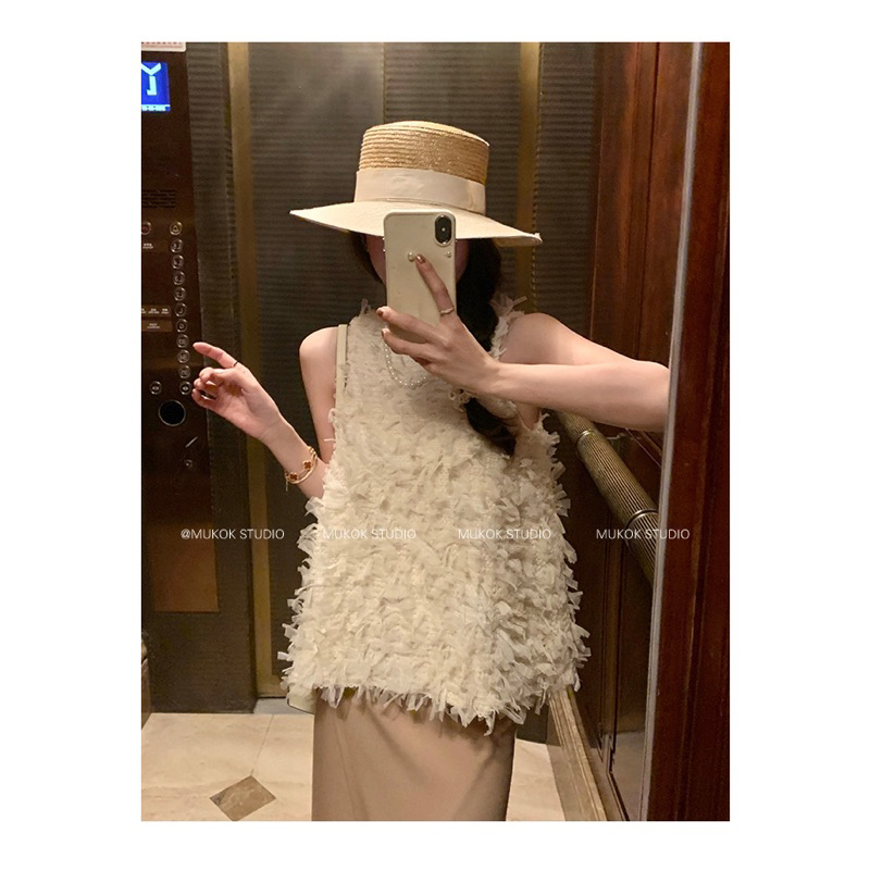 Áo yếm sát nách tua rua thanh lịch sang chảnh phong cách Hàn Quốc