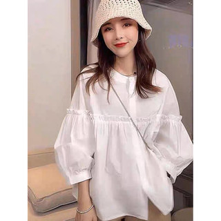 Áo sơ mi nữ kẻ xốp cổ tàu phối viền bèo tay bồng lỡ