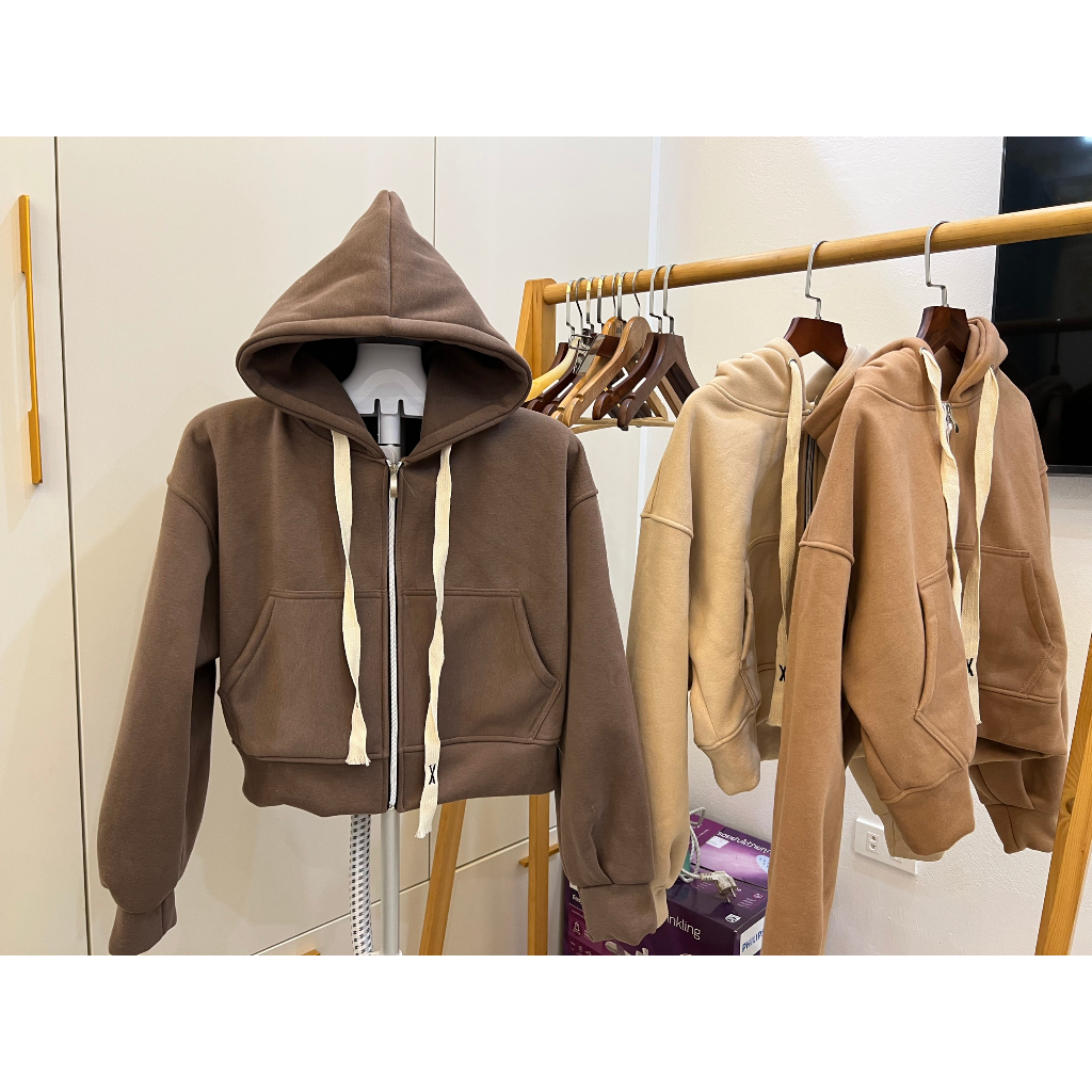 Áo hoodie zip dáng ngắn kiểu croptop nữ - Khoác nỉ tay phồng mũ 2 lớp bánh bèo hotgirl cá tính đường phố hàn quốc đẹp