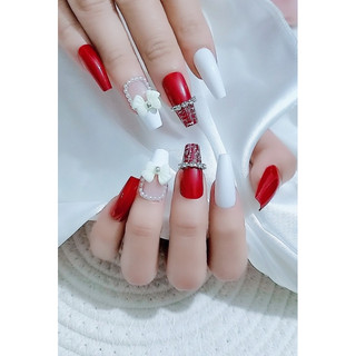 Móng tay giả,nailbox thiết kế,gắn nơ màu đỏ
