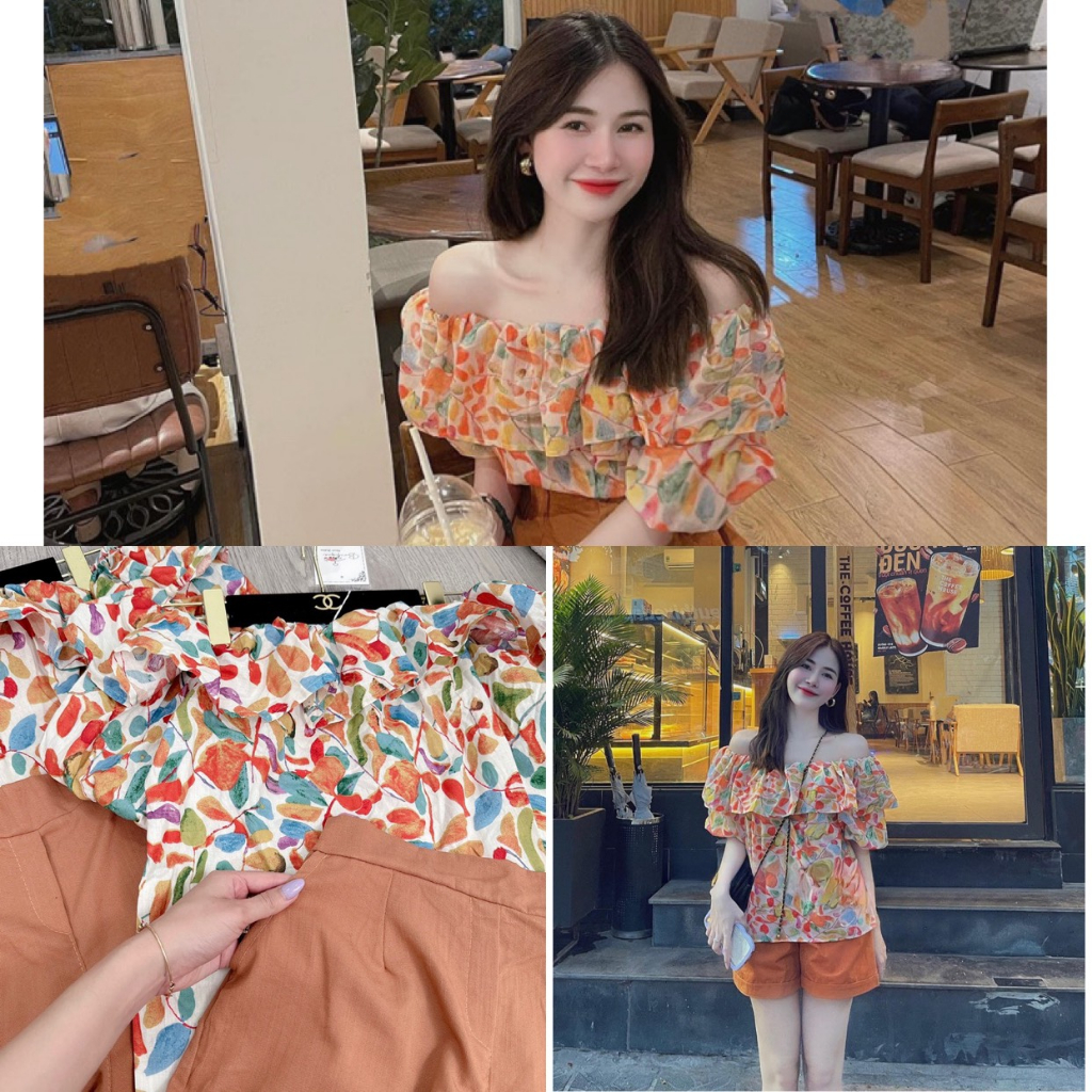 Sét áo kiểu, áo hoa trễ vai tiểu thư quần sooc cam siêu tôn da sang sảnh dạo phố, đi chơi, có bán set lẻ
