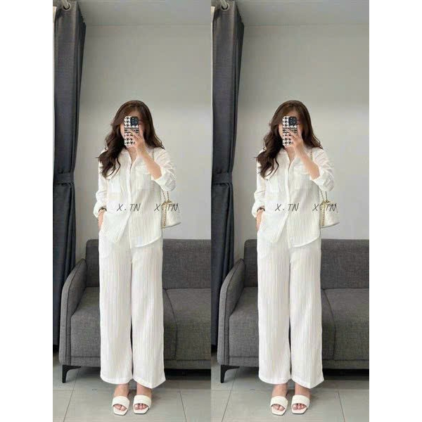 Set bộ đũi xốp áo sơ mi tay dài mix quần ông suông basic mặc ở nhà đi chơi đều được, bộ sơ mi phối quần dài suông MTB