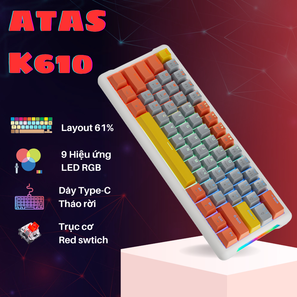 Bàn phím cơ ATAS K610 Layout 61% - Red swtich - LED Rainbow - Có Hot swaps