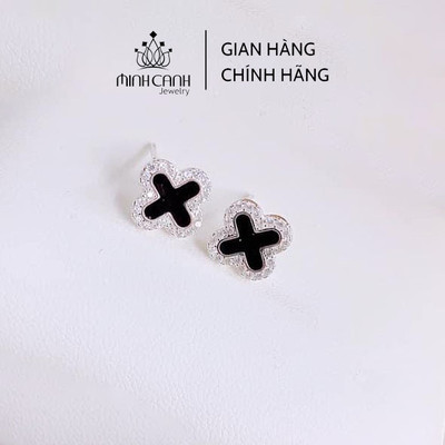 Bông Tai Bạc 4 Lá Đen Viền Đá - Minh Canh Jewelry