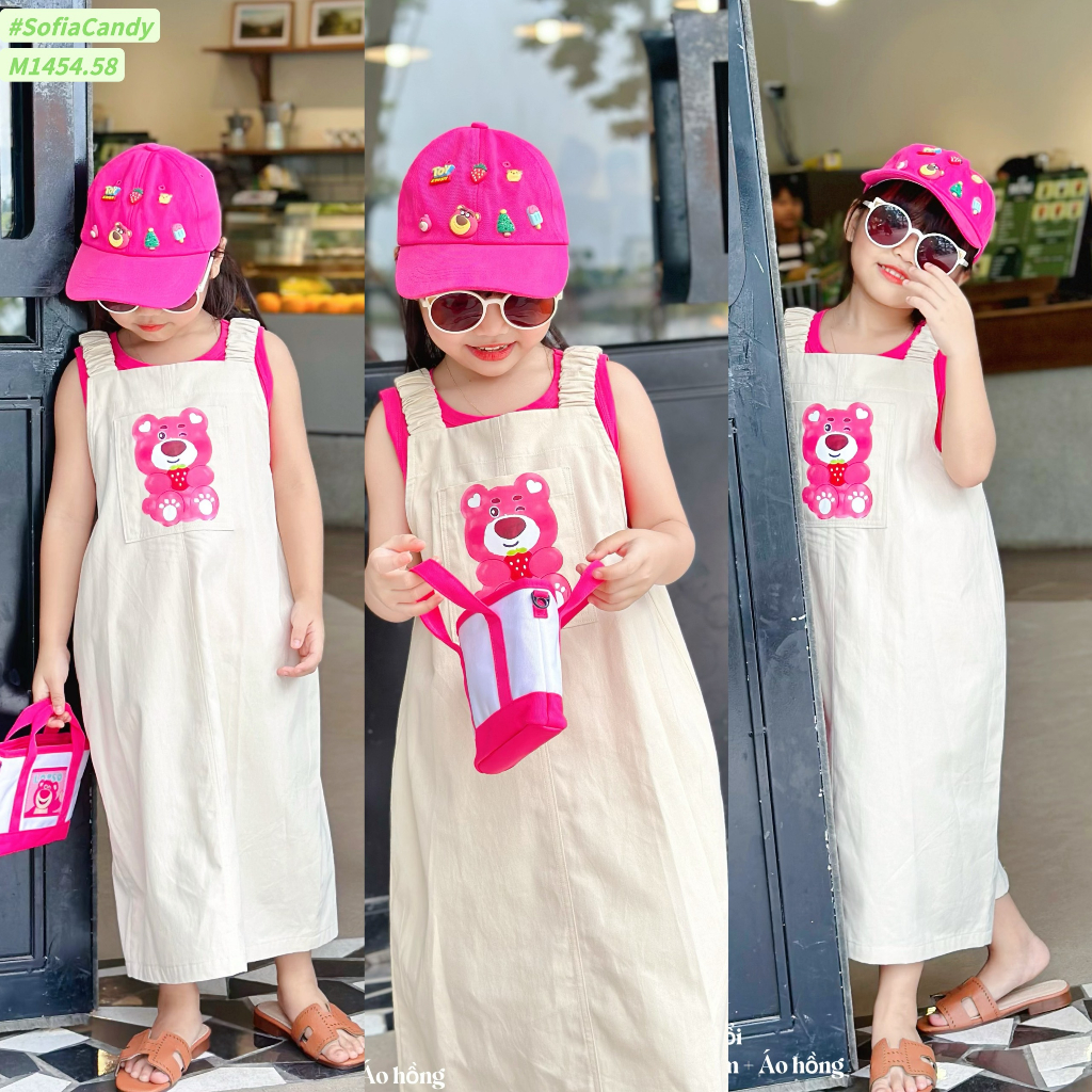 (Chính hãng) Set yếm kaki gấu dâu bé gái. Set yếm kaki kem cotton gấu dâu Lotso bé gái 13-45kg Sofia Candy