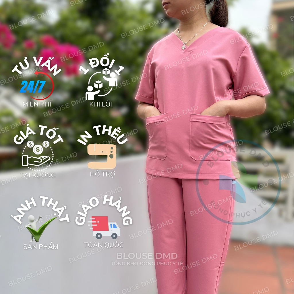 Đồng phục spa Nữ đẹp, Bộ scrubs Bác sĩ CAO CẤP, quần áo cổ tim Phòng khám, Nha Khoa, Kỹ thuật viên, Phòng mổ màu hồng