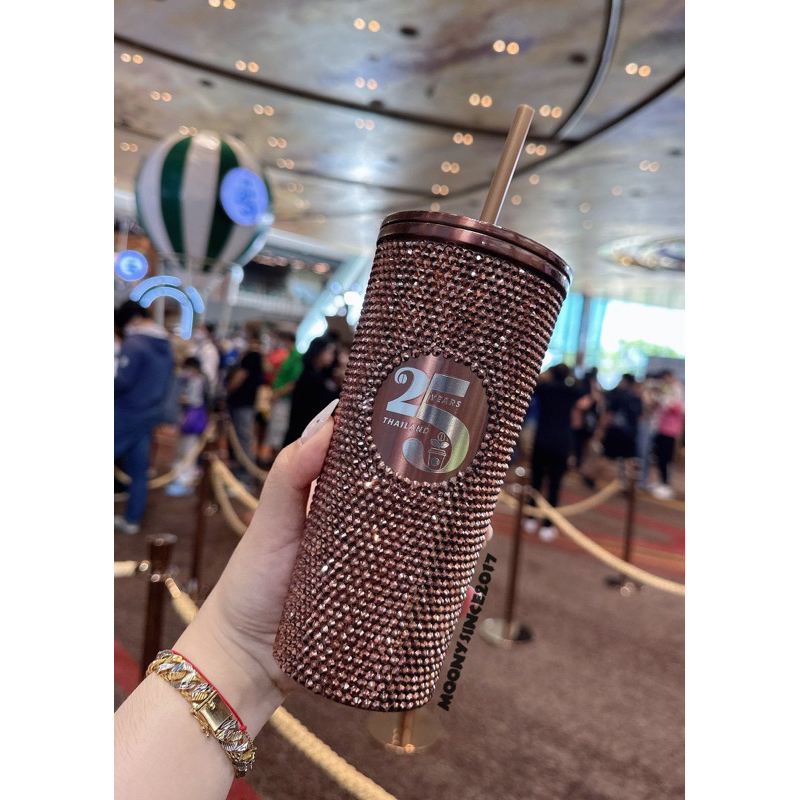 ( hàng có sẵn ) Ly starbuck màu vàng đồng đính đá kỉ niệm 25 năm chính hãng Thái