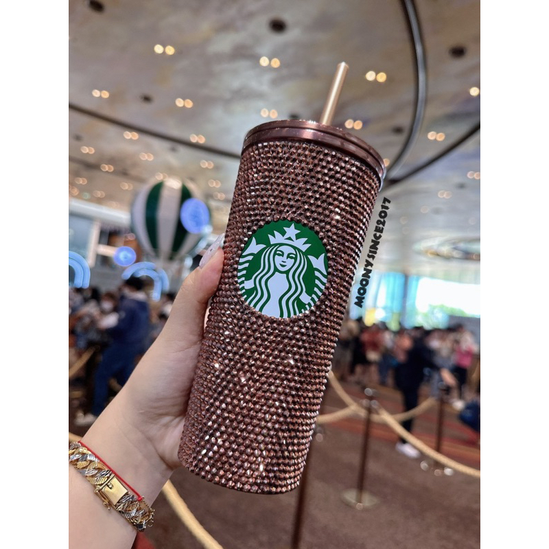 ( hàng có sẵn ) Ly starbuck màu vàng đồng đính đá kỉ niệm 25 năm chính hãng Thái