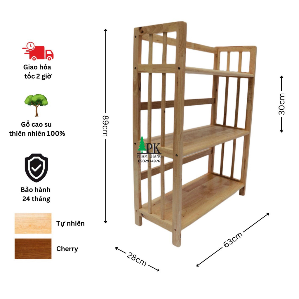 Kệ sách gỗ 3 tầng Phạm Khang - Gỗ cao su tự nhiên màu Gỗ Tự Nhiên/ Vàng Cherry - Kích thước rộng 64 cm