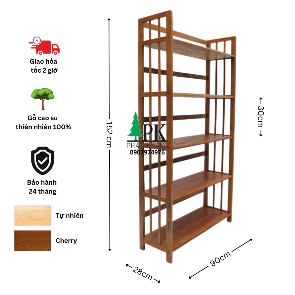 Kệ sách gỗ 5 tầng Phạm Khang - Gỗ cao su tự nhiên màu Gỗ Tự Nhiên/ Vàng Cherry - Kích thước rộng 90 cm
