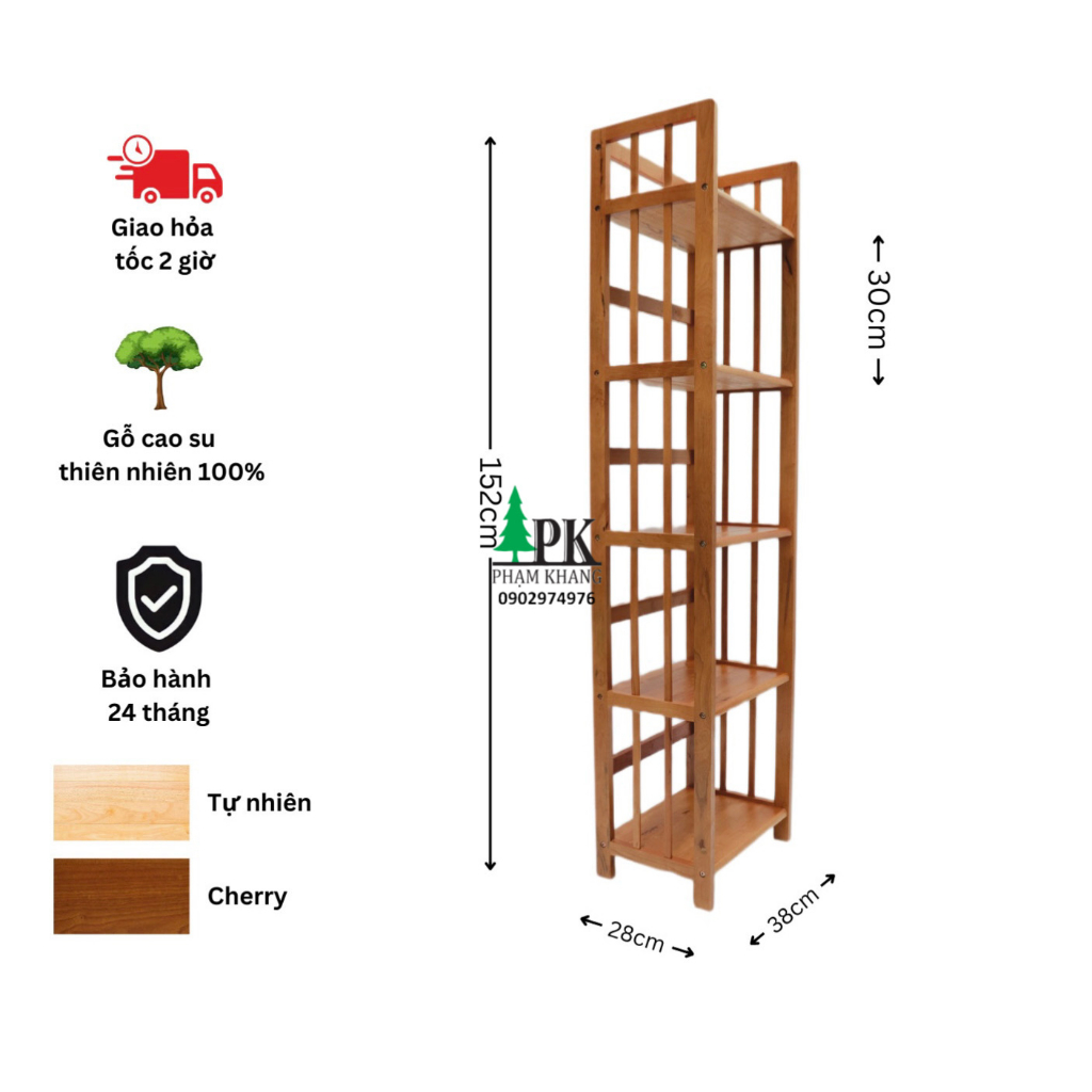 Kệ sách gỗ 5 tầng Phạm Khang - Gỗ cao su tự nhiên màu Gỗ Tự Nhiên/ Vàng Cherry - Kích thước rộng 38 cm