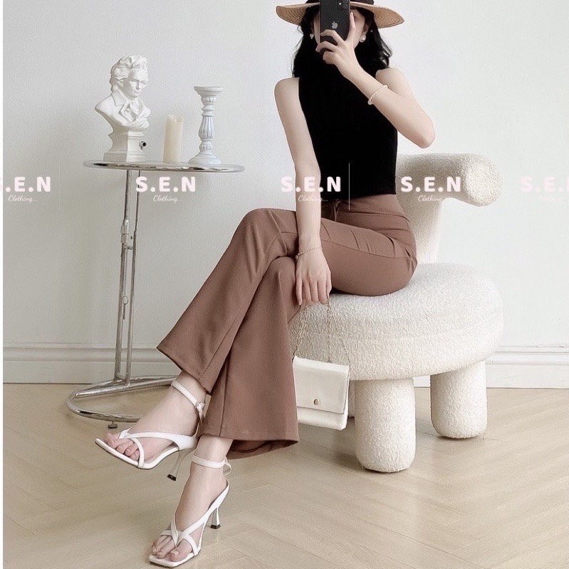 Quần ống loe nữ lưng cạp cao khóa dáng dài vải co giãn 1 cúc co dãn quần ống rộng-Mã 801A