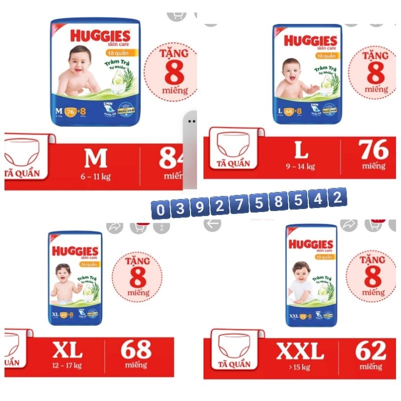 Tặng 8m. Tã quần huggies M76+8, L68+8, XL60+8, XXL54+8