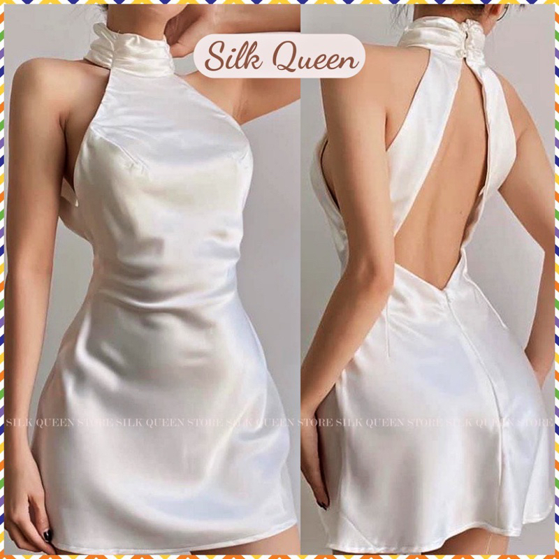 Váy lụa ngắn cổ lọ hở lưng sang chảnh, đầm lụa ngắn trắng hồng dể thương