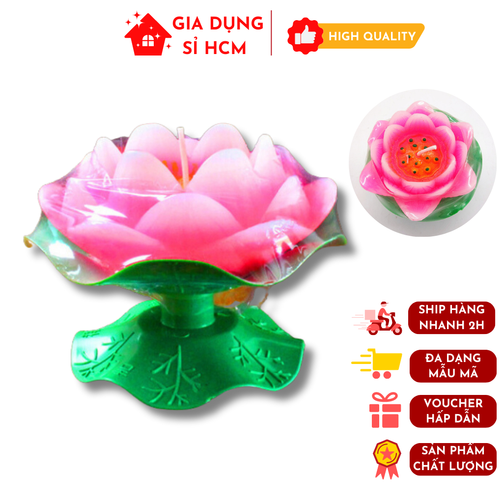 Nến Hình Hoa Sen Có Đế Hình Lá Sen Để Bàn Thờ Gia Tiên, Thờ Phật, Cúng Dường