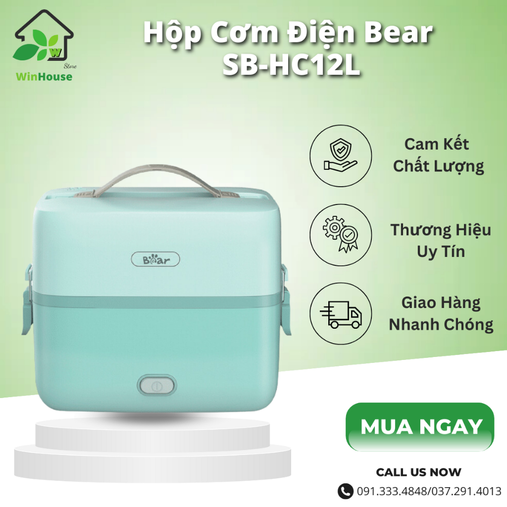 [Sb - Hc12L] Hộp Cơm Điện Bear 1.2L - 2 Tầng, Khoá Làm Từ Thép Không Gỉ, Chống Tràn | Hàng Quốc Tế Chính Hãng Bear