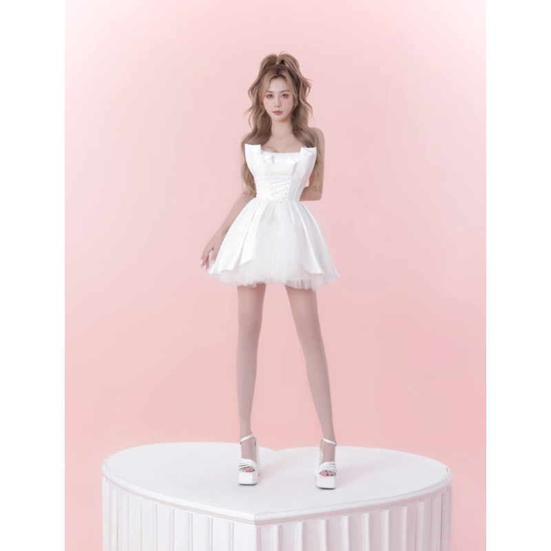 Đầm đan dây phối voan kèm mút