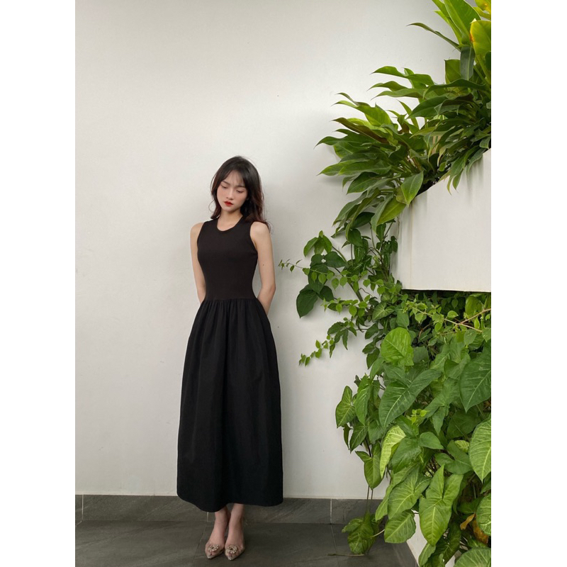 Váy Ba Lỗ Len Tăm Phối Thô Dáng Dài-Tôn Dáng