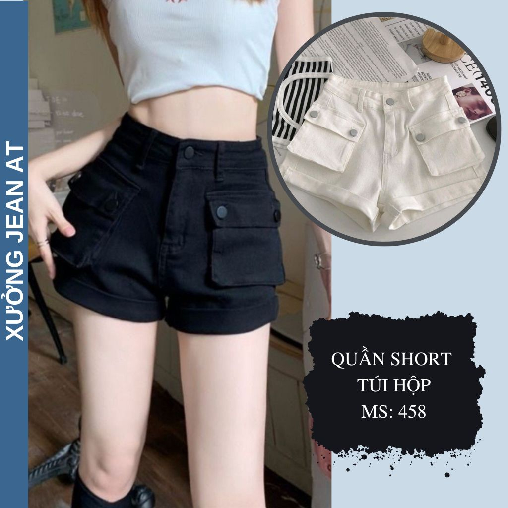 Quần Short Kaki Jean Lật Lai Phối Túi Hộp 2 Bên, Quần Short Nữ Lưng Cao Co Dãn Phong Cách Trẻ Trung Năng Động 458