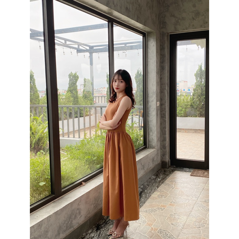 Váy Ba Lỗ Len Tăm Phối Thô Dáng Dài-Tôn Dáng