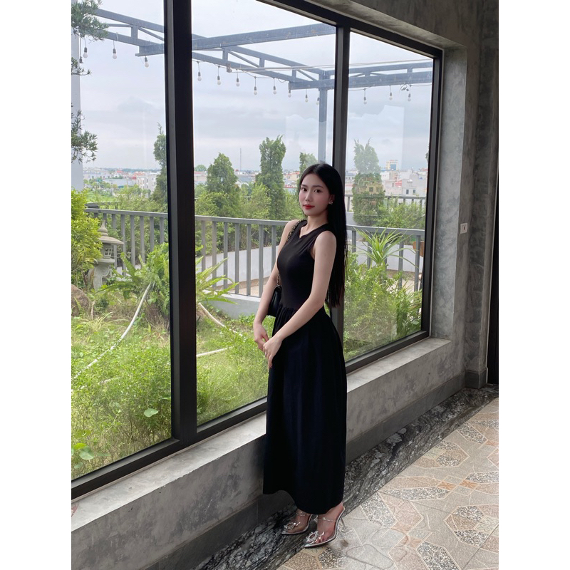 Váy Ba Lỗ Len Tăm Phối Thô Dáng Dài-Tôn Dáng