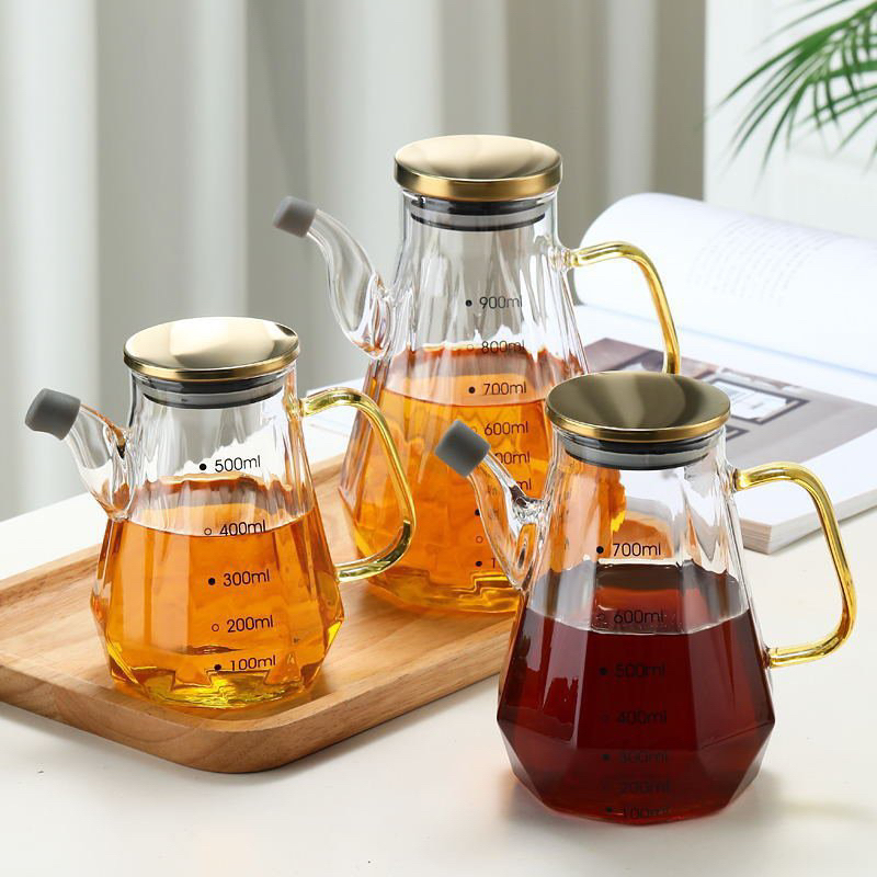 Bình thuỷ tinh đựng dầu ăn, nước tương, nước mắm,.. Ca đong, chai tt chịu nhiệt có nắp inox, nút bịt vòi, vạch chia
