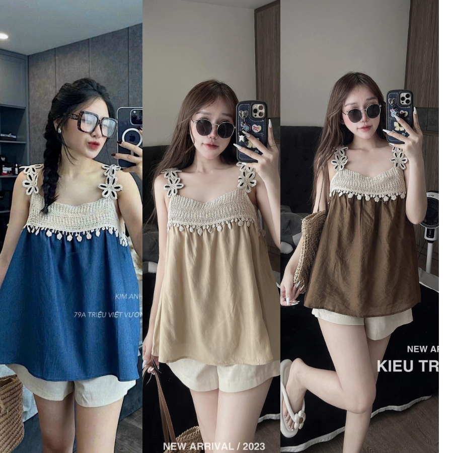 Set đồ kiểu nữ, set đồ dạo phố áo mix ren kèm quần nữ tính thanh lịch, năng động.