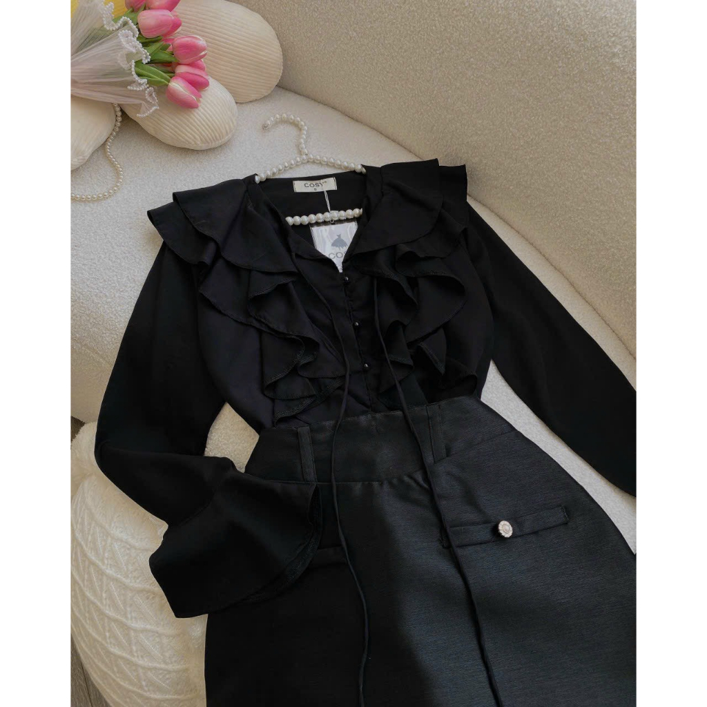 Set áo voan bèo dài tay phối chân váy dễ thương