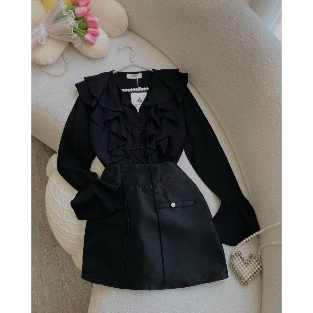 Set áo voan bèo dài tay phối chân váy dễ thương