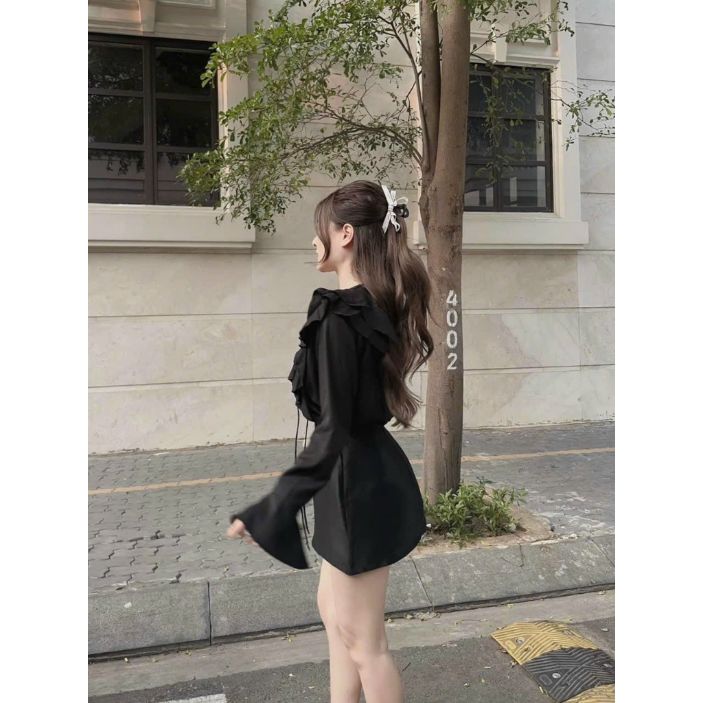 Set áo voan bèo dài tay phối chân váy dễ thương