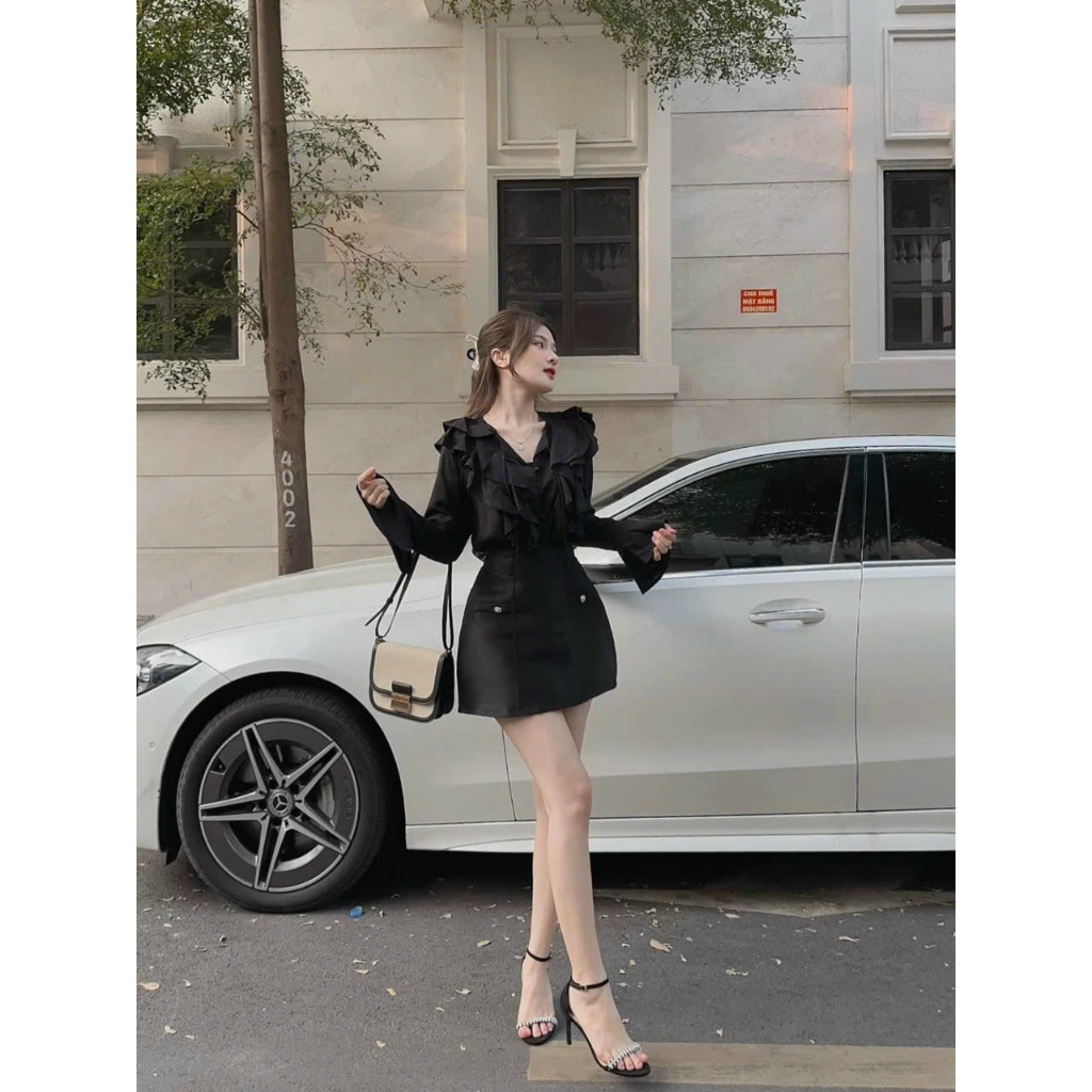 Set áo voan bèo dài tay phối chân váy dễ thương