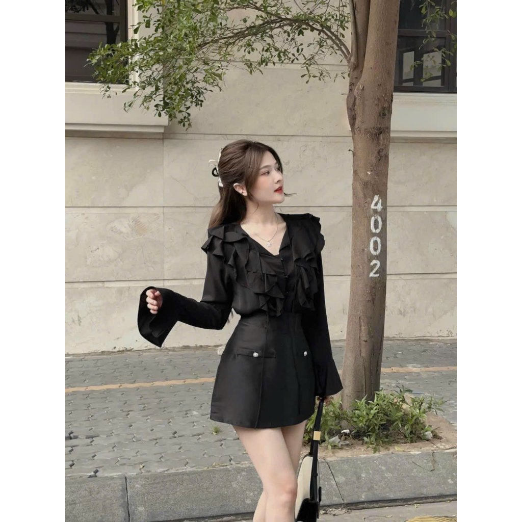 Set áo voan bèo dài tay phối chân váy dễ thương